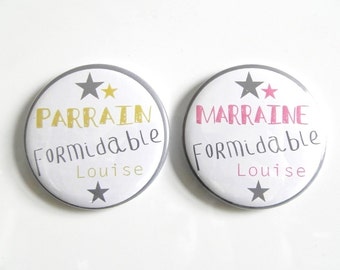 Lot de 2 Magnets 56mm Personnalisés - Parrain et Marraine Formidable - Vert Anis et Fuchsia