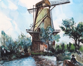 Windmill Near Delft after Johan Jongkind Dutch Painter, Original Watercolor Art, One of a Kind