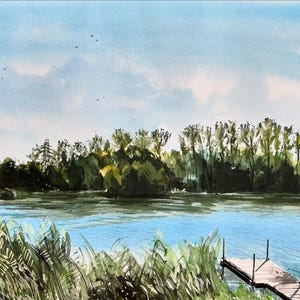 By the Pond Landscape Original Watercolour Painting, Early Autumn, Home Decoration, One of a kind