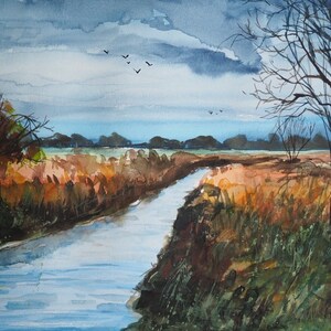 Autumn Landscape by the Stream, Original Watercolour Painting, Dawn, Home Decoration, One of a kind