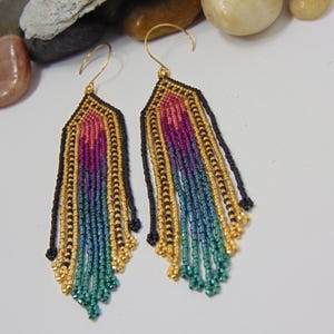 Pendientes brillantes multicolor con flecos, puntada de ladrillo, hipoalergénicos, E486 imagen 5