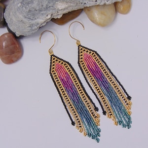 Pendientes brillantes multicolor con flecos, puntada de ladrillo, hipoalergénicos, E486 imagen 1