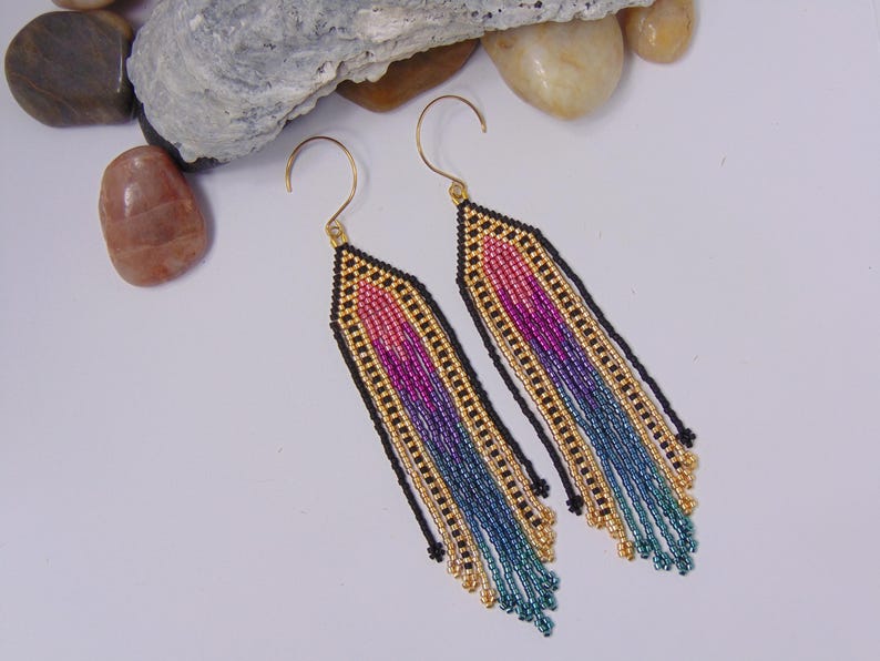 Pendientes brillantes multicolor con flecos, puntada de ladrillo, hipoalergénicos, E486 imagen 1