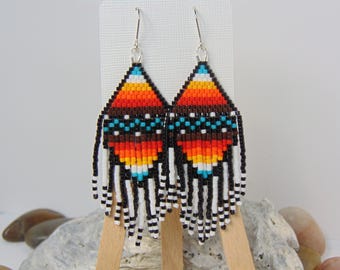 Multi Color Beaded Fringe Earrings, Brick Stitch, E261