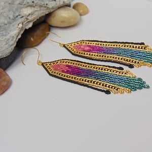 Pendientes brillantes multicolor con flecos, puntada de ladrillo, hipoalergénicos, E486 imagen 4