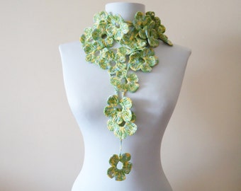 Crochet Floral Scarf, Green Long Scarf, Floral Lariat Scarf, Flower Necklace, Women Accessories, Green Yellow Scarf, Handcmade Lariat  Scarf