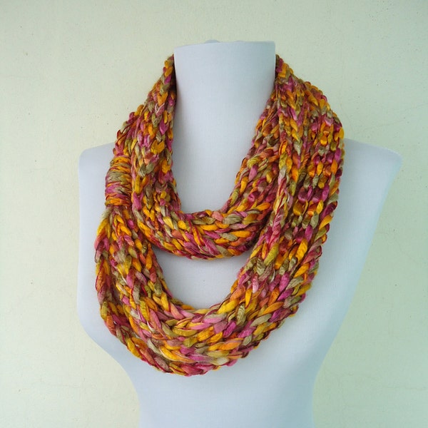 Chain Loop Scarf, Crochet Infinity Scarf, Chain Scarves, Yellow Pink Crochet Scarf, Circle Crochet Scarf, Loop Scarf, Ombre Colorful Scarves