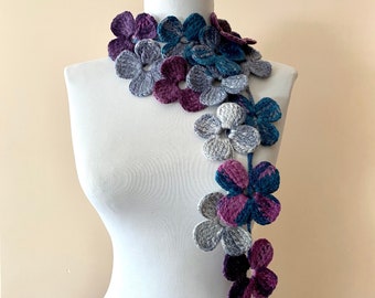 Purple Gray Beautiful Flowered Scarf for Women, Gift for Mom, Crochet Flower Necklace