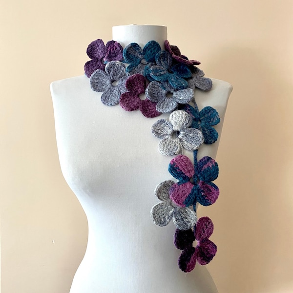 Purple Gray Beautiful Flowered Scarf for Women, Gift for Mom, Crochet Flower Necklace