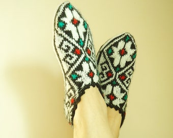 Hand Knitted Wool Blend Slippers, Turkish Socks, Home Shoes (US Size 7)