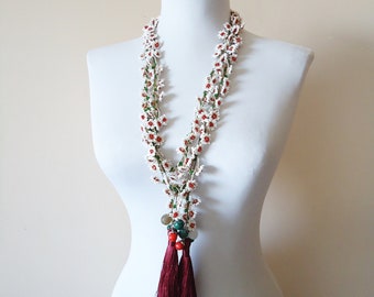 Vintage beaded crochet oya necklace with burgundy tassels, Lariat Oya Necklace