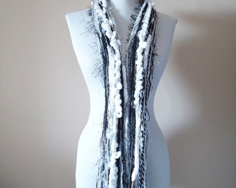 Black and white yarn scarf, Knotted scarf all fringe scarves womens scarf funky scarves
