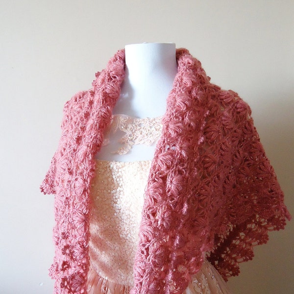 Crochet Bridal Shawl Wedding Shawl Bridal Shrug, Wedding Bolero, Trianghle Dark Pink Crochet Shawl, Triangle Shawl, Dark Pink Crochet Shawl