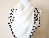 Blackberry beaded croched edge cotton scarf, anatolian white pure cotton scarf, Vintage from my mother dowry chest, Unique gifts