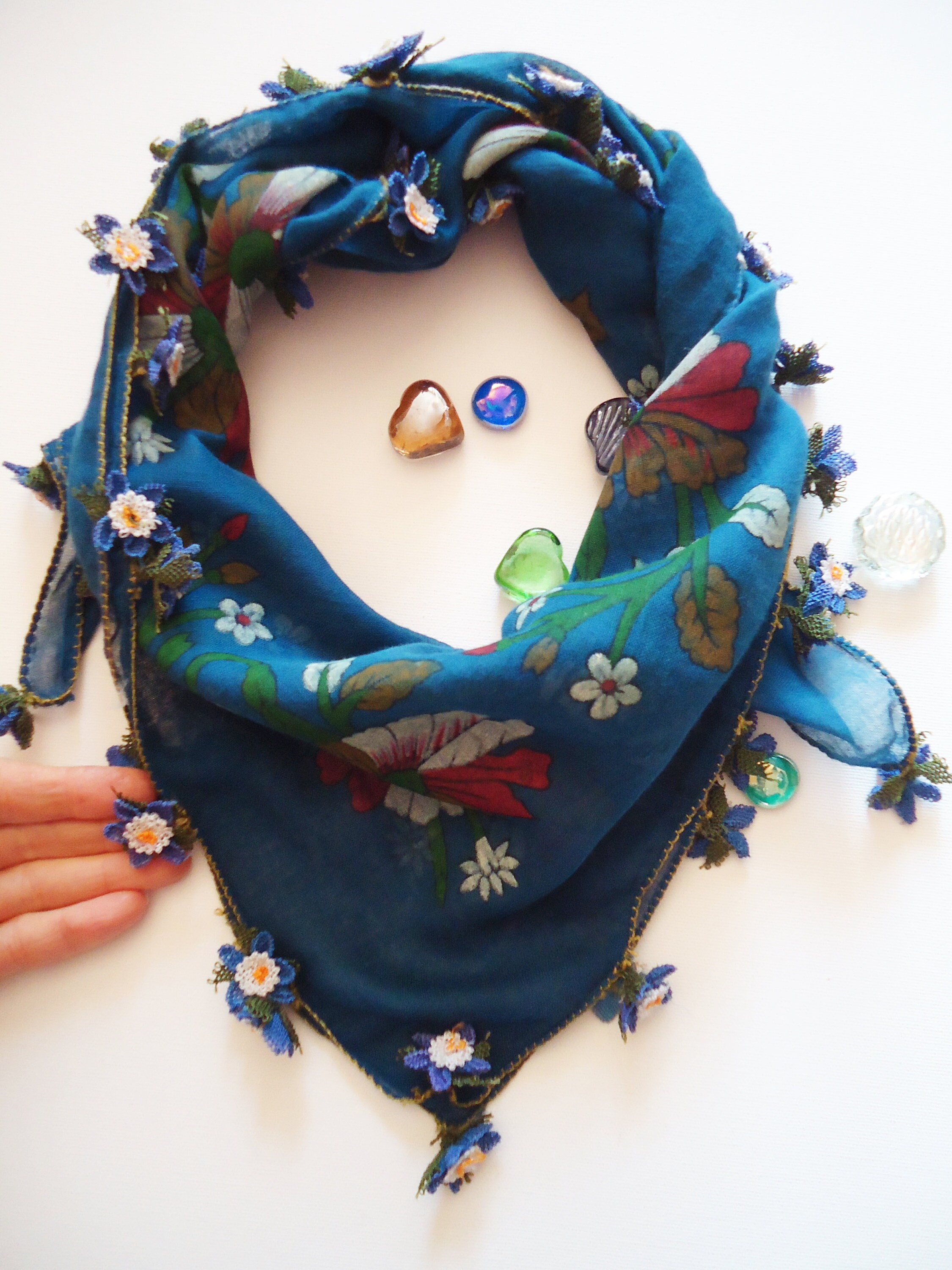 Navy Blue Turkish Oya Scarf, Traditional Turkish Needle Lace Oya