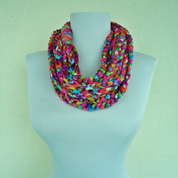 Chain Loop Scarf, Crochet Necklace, Circle Scarves, Tube Neckwarmer, Infinity Scar, Rainbow Scarf, Ombre Loop Scarf, Crochet Loop Scarves