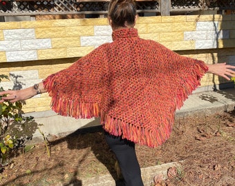 Crocheted Poncho for Girls,  Orange Poncho, Gift for young girl,  crochet poncho