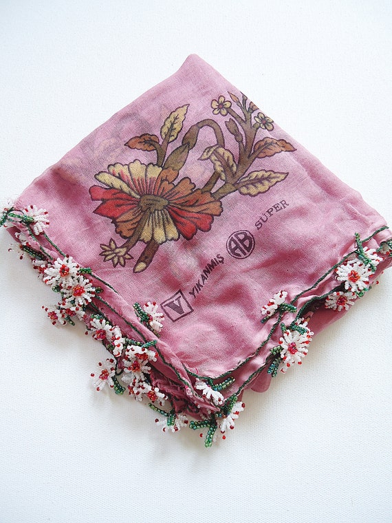 Vintage Turkish Cotton Oya Scarf, Crochet Beaded Flowers, Adana
