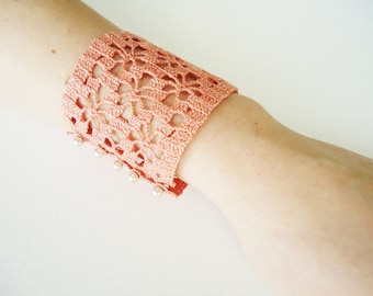 Pink Crochet Lace Bracelet, glittered cuff, Cuff, Crochet Jewelry, Handmade Jewelry, Gift Ideas for her