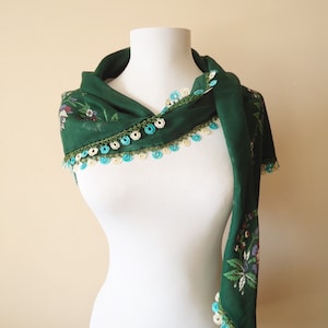 Vintage Green Square Scarf, Blue&White Lace Edge scarf, Anatolian Scarves, Hand Dyed Cotton scarves
