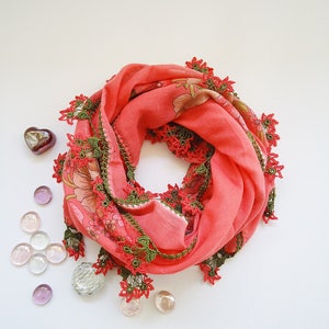 Traditioneller türkischer Schal, orange rosa Blumenschal, Baumwolle Oya Schal, jemenitischer Schal, geblümter Schal, Häkelblumen, handgemachte Spitzenarbeit