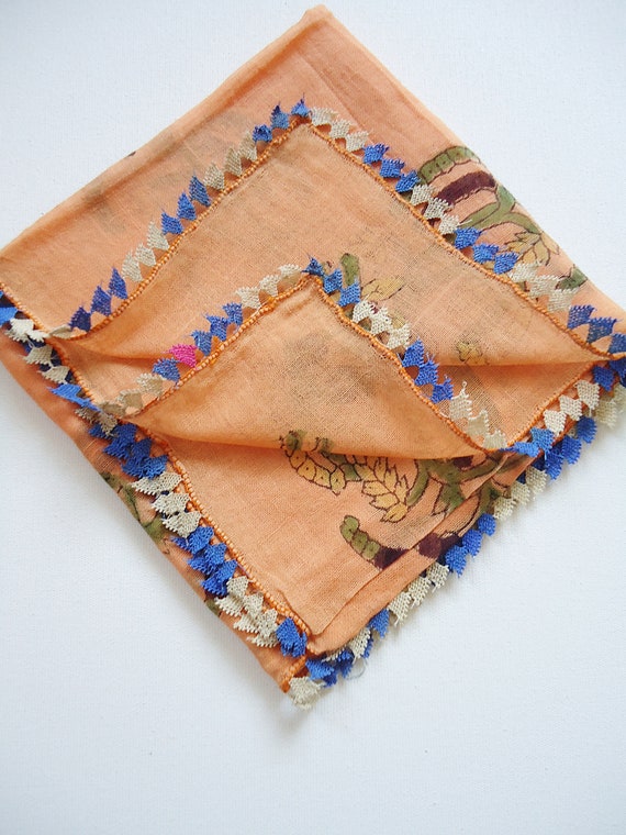 Vintage orange Turkish needle lace oya trim scarf… - image 2