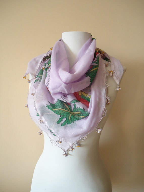Vintage Lilac Cotton Scarf, Traditional Turkish y… - image 3