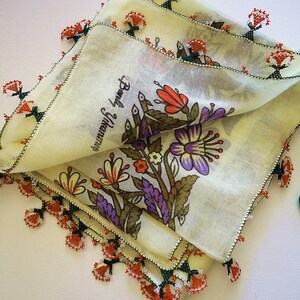 Cachecol de renda agulha amarelo claro, lenço turco floral de algodão, cachecol com acabamento de renda agulha, cachecol de algodão vintage amarelo