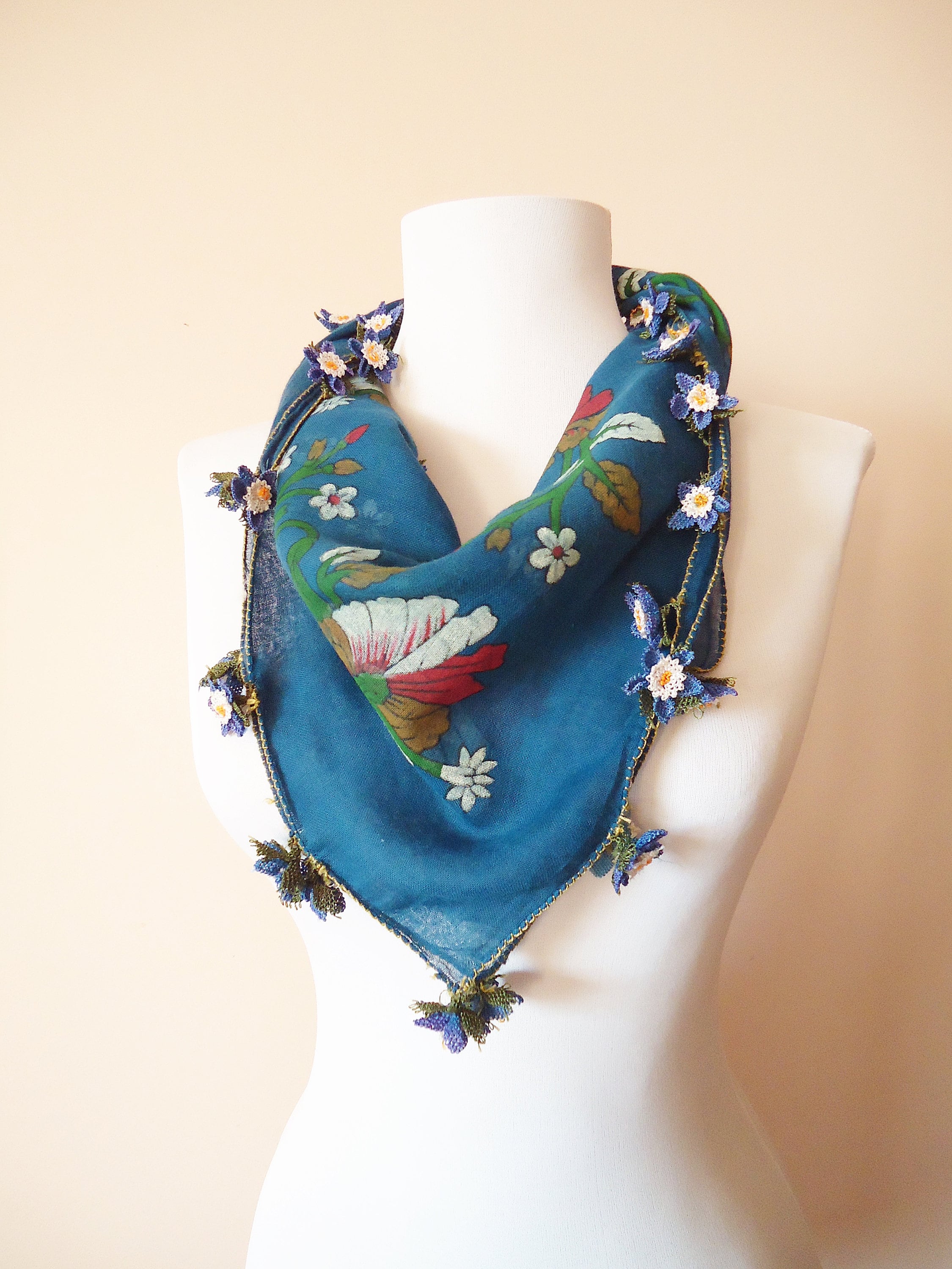 小物 seya.for roku FLOWER OYA SCARF Navy Blue Turkish Oya Scarf, Traditional Turkish Needle Lace Oya