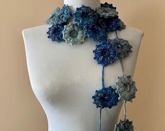 Blue and gray floral crochet lariat sarf crochet flower necklace