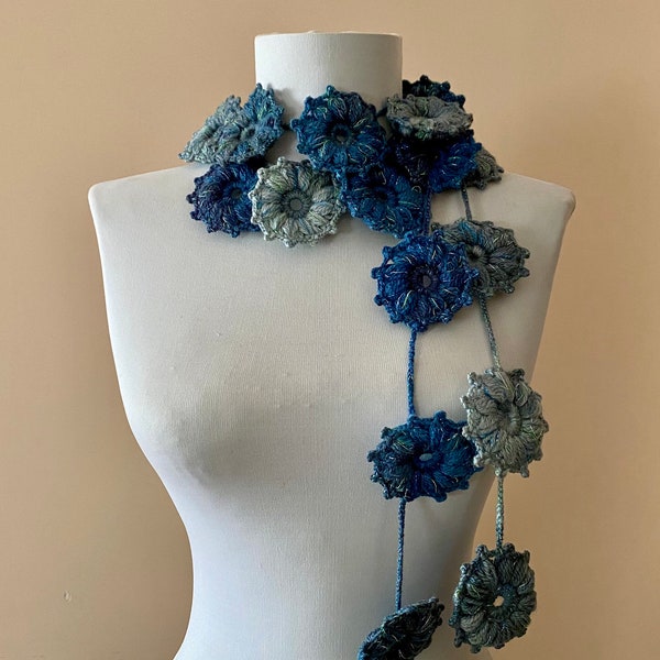 Blue and gray floral crochet lariat sarf crochet flower necklace