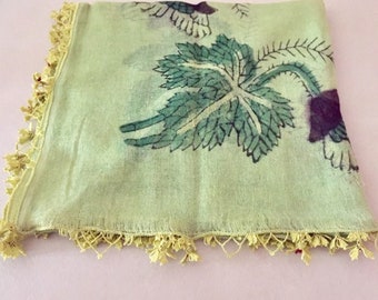 Light green  Cotton Turkish scarf, Woodblock print needle lace oya scarf