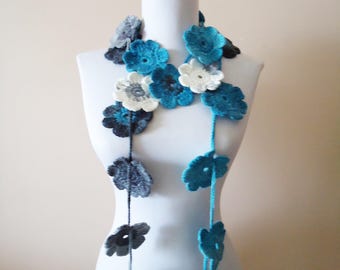Blue gray crochet scarf, Crochet lariat scarf, Blue lariat scarf, Crochet flower scarf, Crochet floral lariat scarf, Gift for her, Acrylic