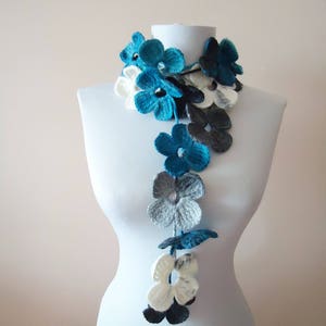 Blue gray crochet scarf crochet lariat scarf mothers day gift  flower scarf crochet floral lariat scarf gift for her acrylic blue crochet