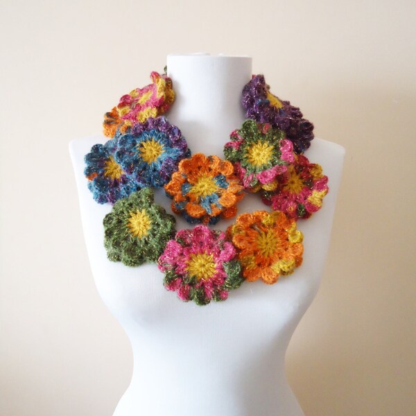 Hand crochet neckwarmer, handmade  wool neckwarmer, floral woolneckwarmer, wool neckwarmer, glitter flowered neckwarmer, colorful wool scarf