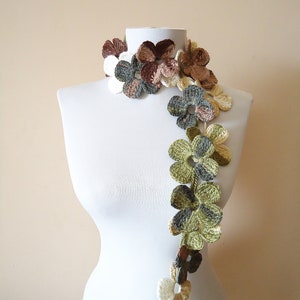 Autumn Colorful floral scarf, Crochet Green floral lariat scarf, Creamy brown green lariat necklace, Brown Yellow Floral Crochet scarf