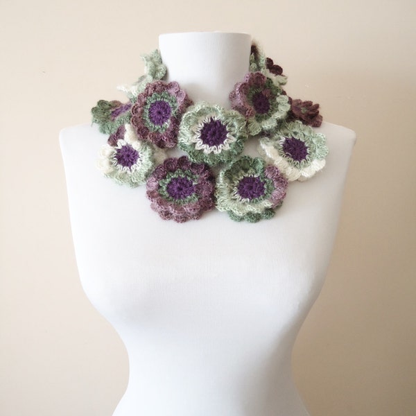 Hand crochet neckwarmer, purple green floral neckwarmer, wool neckwarmer, flowered neckwarmer, colorful wool scarf