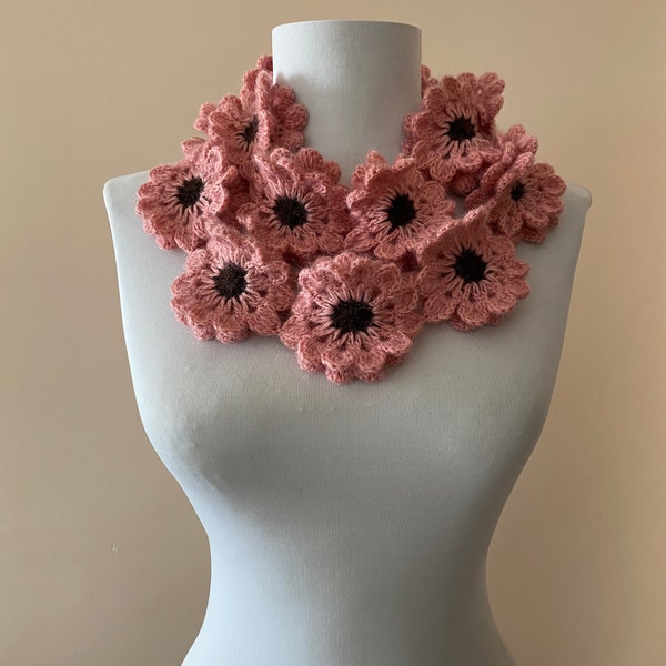 Hand crochet neckwarmer, Neckwarmer, Pink neckwarmer, Floral woolneckwarmer, Brown pink neckwarmer, flowered neckwarmer, colorful wool scarf