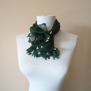 Vintage Cotton scarves, Turkish Scarf, Delicate Dark green cotton scarf, Yemeni Oya Scarf,  Cotton Scarves with needle lace oya