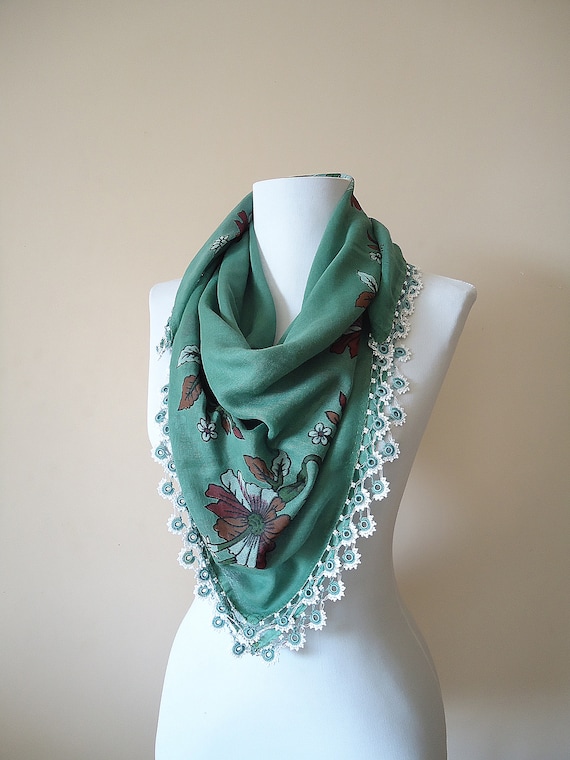 小物 seya.for roku FLOWER OYA SCARF Green Scarf, Turkish Oya Scarf, Beaded Embryodery Trim, Square