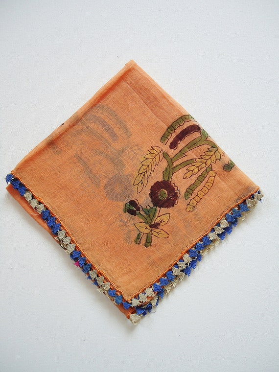 Vintage orange Turkish needle lace oya trim scarf… - image 1