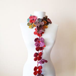 Colorful floral scarf, Crochet floral lariat scarf, Long crochet floral lariat necklace, Red orange crochet floral scarf, Gift for Mom