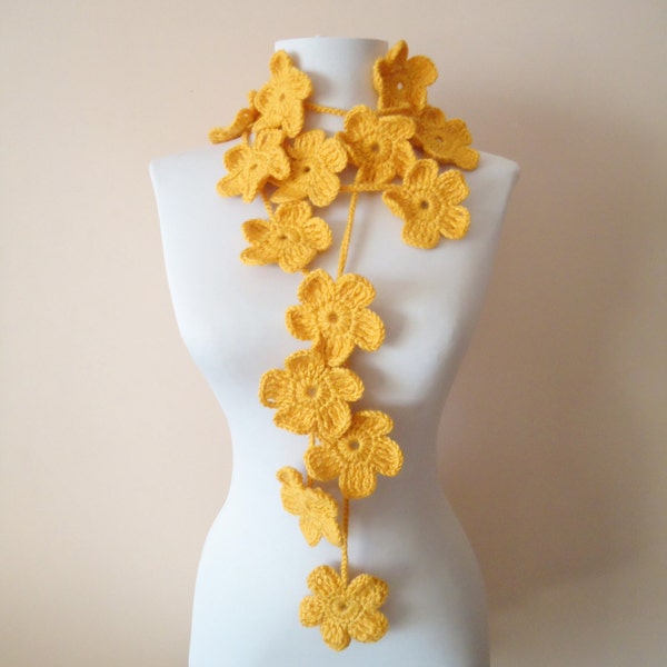 Crochet floral lariat neck accessories, Yellow floral scarf, Hand crochet floral scarf, yellow floral neckwarmer, Mustard flower necklace