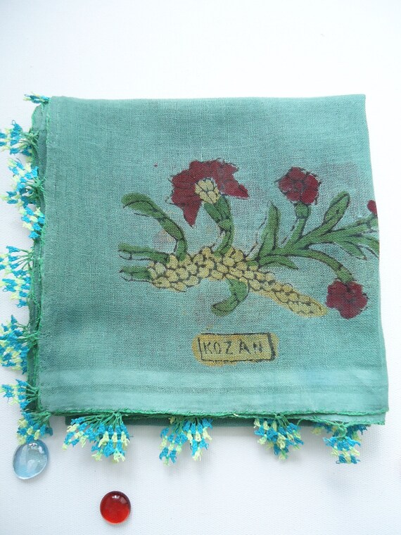 Vintage Turquoise green Turkish oya headscarf