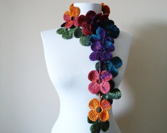 Beautiful Flowered Autumn Scarf for Women, Gift for Mom, Crochet Flower Necklace