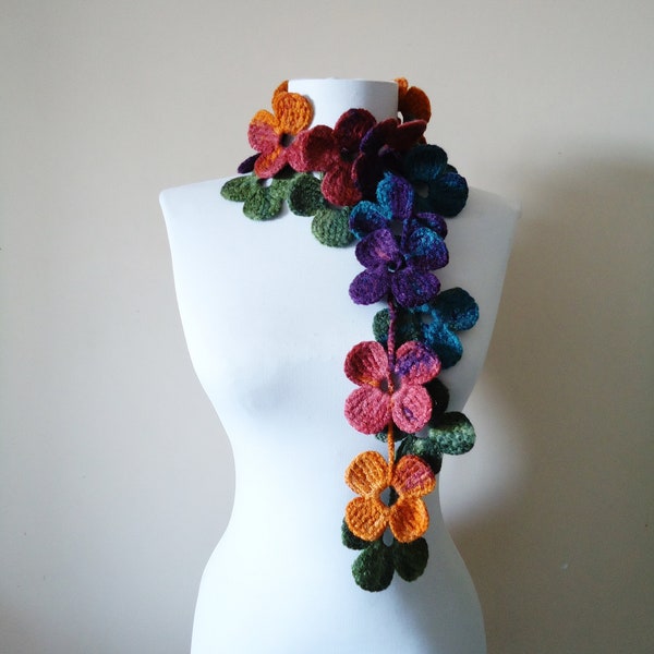 Beautiful Flowered Autumn Scarf for Women, Gift for Mom, Crochet Flower Necklace