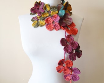 Colorful floral scarf, Crochet floral lariat scarf,  Long crochet floral lariant necklace, Red orange crochet floral scarf, Gift for Mom