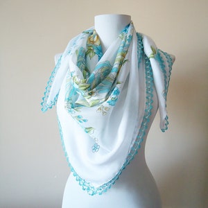 White Blue Cotton Scarf, Orange Pink Floral Cotton Scarf with Crochet Flower Trim