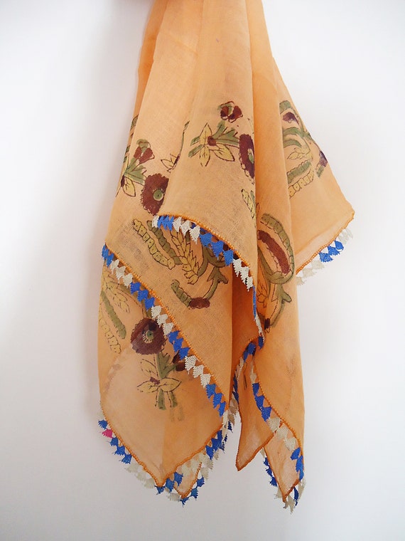 Vintage orange Turkish needle lace oya trim scarf… - image 4