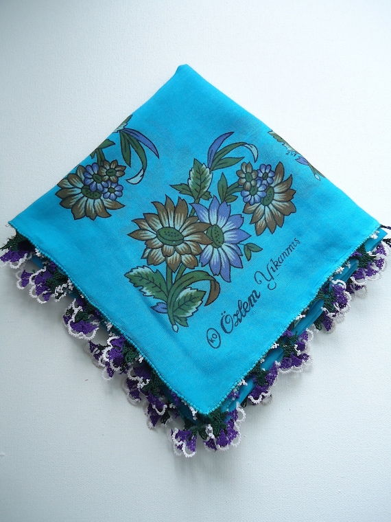 Blue cotton Turkish oya scarf with needle lace oya